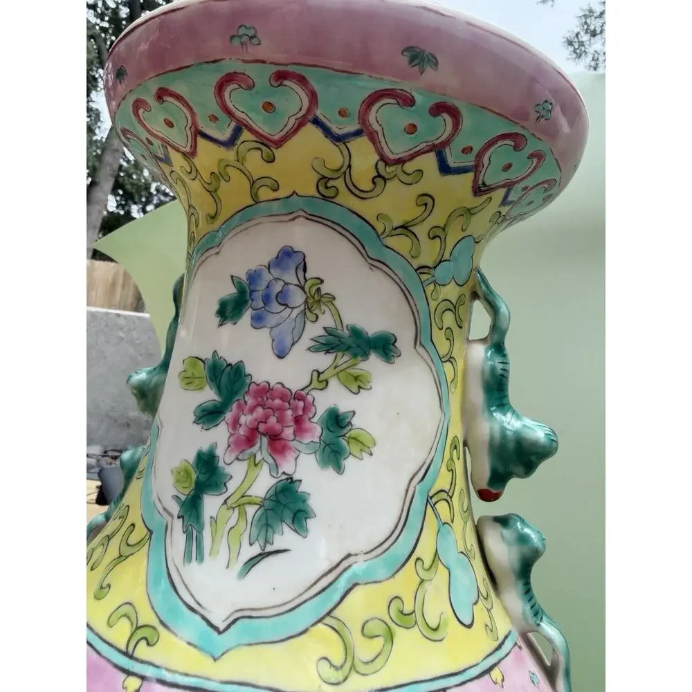 Antique Chinese Famille Rose Vase, 19th C. Large Yellow Porcelain Vase 17.5”
